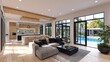 © ANDREI - a living room space with a modern open plan kitchen to the left and sofa living room area to the right with big bifold windows full back of this space with view of a swimming pool