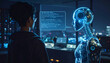 © Chinnawat - Young man interacting with glowing AI humanoid robot in futuristic office, artificial intelligence and human collaboration concept.