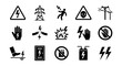 © Liza - Electrical shock hazard warning icons, set of 15 black vector symbols for high voltage safety, industrial electricity danger signs and power line alerts