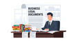 © Amie - Flat style vector illustration of a lawyer reviewing legal documents at desk, representing legal analysis, paperwork management, and professional law office workflow