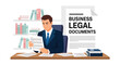 © Amie - Flat style vector illustration of a lawyer reviewing legal documents at desk, representing legal analysis, paperwork management, and professional law office workflow
