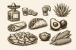 © Basit - Hand Drawn Vintage Woodcut Style Mexican Food and Drink Collection with Tequila, Agave, Taco, Burrito, Nachos, Avocado, Corn, and Salsa Illustrations for Restaurant Menu and Branding Design