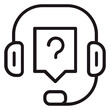 © Zain - Black line vector icon of a headset with a microphone and a speech bubble containing a question mark, representing customer support, technical assistance, help desk, and FAQ services for web.