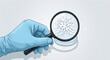 © aura - A gloved hand holds a magnifying glass over a Petri dish, revealing a concentrated swarm of sperm cells swimming, depicted in a clean, scientific illustration style. Fertility concept.