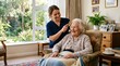 © Svitlana - A volunteer caregiver gently brushing the hair of a smiling elderly woman in a bright retirement home room, warm natural light, dignified and compassionate morning grooming assistance atmosphere,