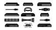 © Rashed - Network switch and ethernet cable icons set, black silhouette server hardware and router equipment, 14 vector elements for IT infrastructure