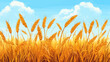 © Santai - Illustration of a wheat field with a blue sky and fluffy clouds. Golden ears of wheat
