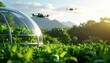 © PandaUniverse - floating botanical garden inside a glass dome, flying drones tending