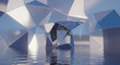 © tu - Surreal Minimalist Architectural Render of a Metallic Glass Geometric Shape Floating on a Serene Liquid Water Surface with Abstract Modern Geometry and Futuristic Reflective Design Elements.