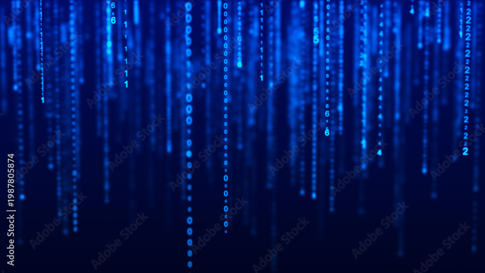 Abstract blue digital matrix rain of glowing numbers and binary code ...