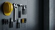 © 5 Grace Media - Workshop Wall with Various Hand Tools and Yellow Hard Hat.