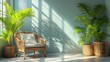 © TITISCAHYA - Sunny, light-filled room with wicker chair and palm trees