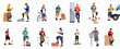 © Telu - Set of flat vector illustrations featuring diverse delivery workers in various uniforms using smartphones and equipment for logistics, shipping, and courier services.