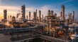 © An - A large petrochemical complex dominates the landscape at dusk. Tall distillation columns and intricate piping systems stretch across the site, releasing plumes of steam into the twilight sky.