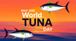 © Suchana - Colorful world tuna day celebration poster with fish and sunset background for seafood awareness events