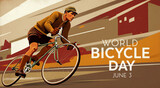 Vintage illustration of a cyclist riding a classic bicycle on world bicycle day celebration poster design