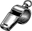 © Bujadesi - Isolated classic metal whistle with a ring, detailed line art engraving on a plain background, symbolizing authority and sound