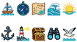 © Bogdan - A collection of vibrant pixel art icons depicting nautical themes, including a sailboat, compass, treasure map, waves, sun, anchor, lighthouse, treasure chest, binoculars, and a seagull.