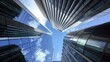 © DawDunia - Looking up at modern glass and steel skyscrapers reflecting a clear blue sky with white clouds, capturing themes of business, finance, and urban development in a bustling city