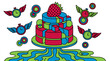 © PixeloAI - Geometric Tiered Cake with Polka Dot Strawberry and Winged Clocks Pop Surrealism Flat Illustration