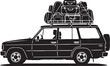 © Gsgsy - Black SUV with luggage on roof rack, travel vehicle, road trip car, silhouette illustration