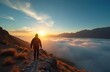 © Pete - Solo hiker walks mountain path above clouds at sunrise. Man with backpack enjoys stunning sunrise landscape. Active person explores mountain peak, sees sea of clouds.