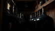 © YoMA - Dark glass carboys resting on wooden shelves in a shadowy corner of a brewery.