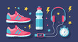 © Bimayusya - Healthy Lifestyle Vector Illustration: Sports Shoes, Stopwatch, Water Bottle, and Headphones