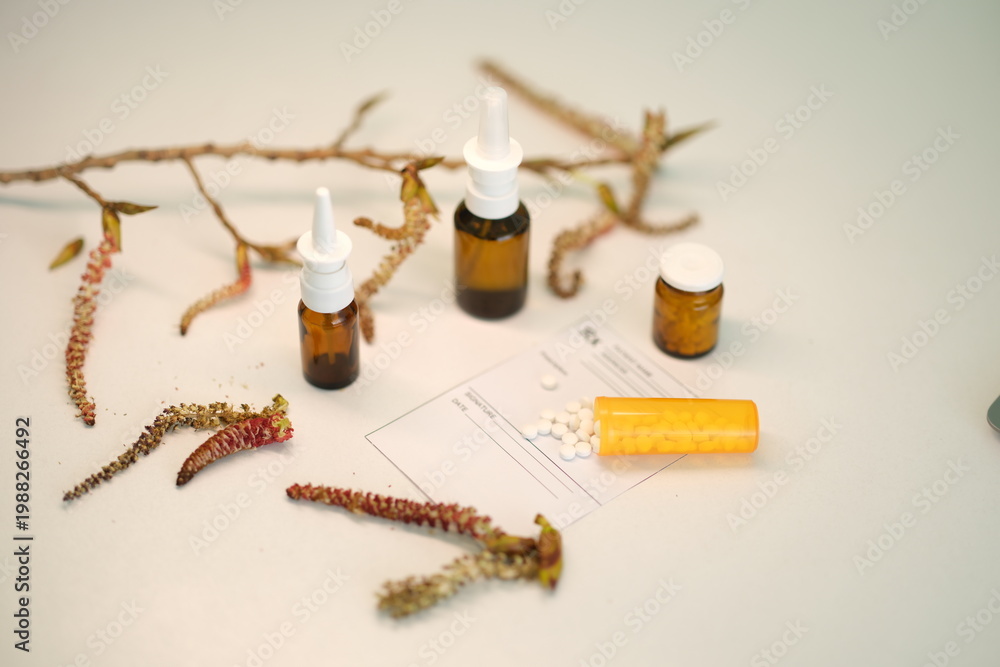 Stock-Foto „Three amber bottles and a prescription container are ...
