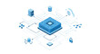 © Shakibb - A meticulous isometric illustration shows a central blue computer processor unit connecting to various cloud storage and network security icons on white.