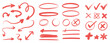 © Design99 - Coral arrows, circles, checks and crosses doodle set.