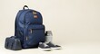 © MST MURSHIDA BEGUM - Backpack with smaller bag shoes and thermos on a plain background for travel or school use isolated on white background