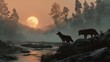 © standret - Two wolves standing on rocky shore near a river at sunset, surrounded by misty forest and silhouetted trees against an orange sky