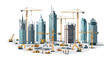© Rabby - A detailed construction site illustration features numerous yellow excavators and workers building a cluster of modern skyscrapers under tall tower cranes.