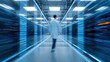 © Fahroni - Modern supercomputer server room with blue led lights and blurred researcher in lab coat walking past racks, high speed infrastructure for health data analytics and artificial intelligence computing.