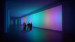 © Lustre Art Group  - People observing large colorful digital wall in dark futuristic room. Concept of AI enhanced environments, data visualization spaces, immersive tech art installations, and design systems.