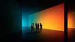 © Lustre Art Group  - Group exploring colorful immersive digital installation space with glowing gradient walls. Concept of tech art spaces, collaborative exploration, immersive environments and futuristic visuals.