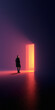 © Lustre Art Group  - Man standing near glowing portal doorway in dark futuristic minimal space. Concept of transition, opportunity, digital gateway, future environments and personal journey into unknown tech driven worlds