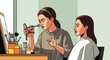© Outkast - Woman with hand sign showing makeup application to a young girl in a mirror set