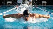 © Yohanessoekamti - Competitive male swimmer in dynamic butterfly stroke mid-race in indoor swimming pool, intense focus and power, professional athletic performance, splashing water, blue pool, high-speed action shot