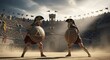 © Doa - Ancient warriors duel in dusty arena, spectators watch from stadium seats