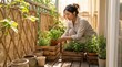 © kitti - Young Asian woman gardening on apartment balcony with herb pots.