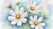 © Fouriya - Delicate watercolor painting of white cosmos flowers over a soft background perfect for elegant artistic decorations