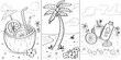 © Tatimurmurprint - Summer beach coloring page set with tropical coconut cocktail palm tree and sunscreen bottle on a transparent background Summer beach coloring page set with tropical coconut co