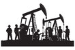 © MDABDUL - Industrial oil pump jack silhouette with workers, petroleum extraction field vector, fossil fuel energy production scene with engineers