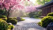 © Puluh - Tranquil Japanese Zen Garden in Spring with Cherry Blossoms and Raked Sand.