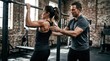 © peppastocker - Experienced fitness mentor adjusting resistance training technique with hands-on instruction, client performing pull-ups on bar with visible muscular engagement, coach's corrective