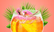 © New Africa - Beautiful woman with swim ring in glass of cocktail against coral background