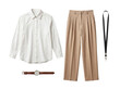© Davis - Minimalist smart casual outfit featuring white shirt, beige pleated trousers, watch, and lanyard.