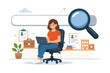 © Reet - Professional woman sitting on office chair using laptop for online job search with magnifying glass and search bar, recruitment concept, career opportunity, hiring process vector illustration.